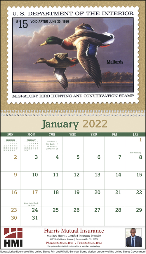 Duck Stamps.<br> Spiral Bound Wall Calendar for 2022